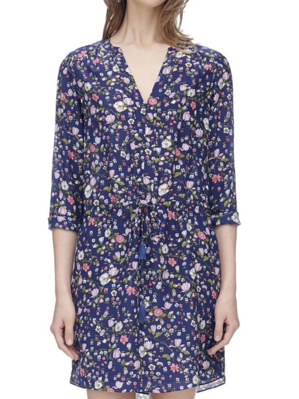 Rebecca Taylor Navy Floral Mini Dress, Long Sleeve,100% Silk,Drawstring Waist, 0 - Picture 16 of 16